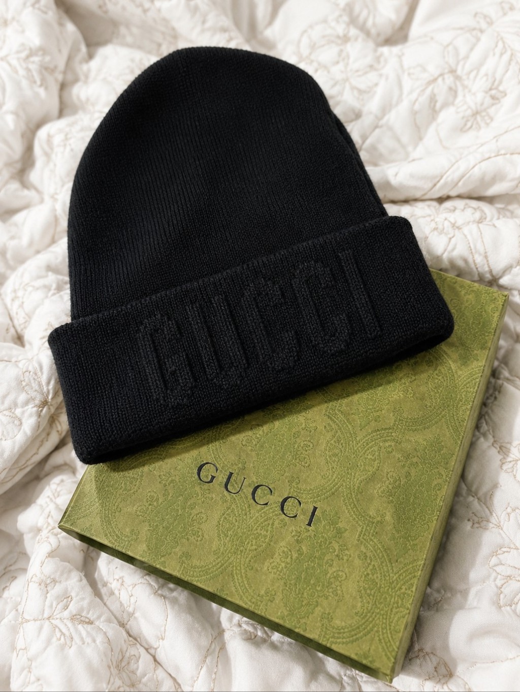 Gucci Black Wool Beanie Embossed Logo Hat Made In Italy Unisex Size M